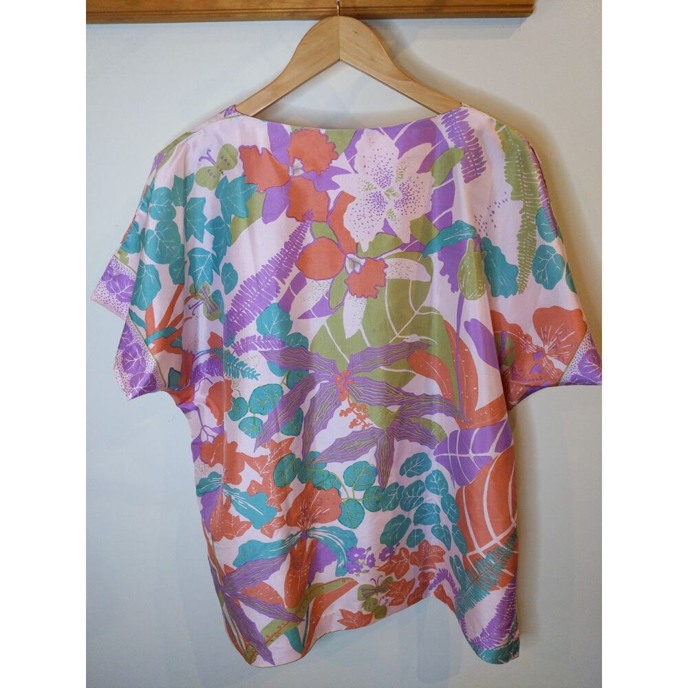 Shinawatra 100% Thai Silk Tropical Floral Top Flowing Purple Coral L - Picture 2 of 9
